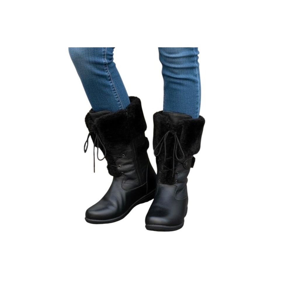 Peerage Carly Black Leather Faux Fur Trim Lace Up Winter Boots Wide Width 9WW